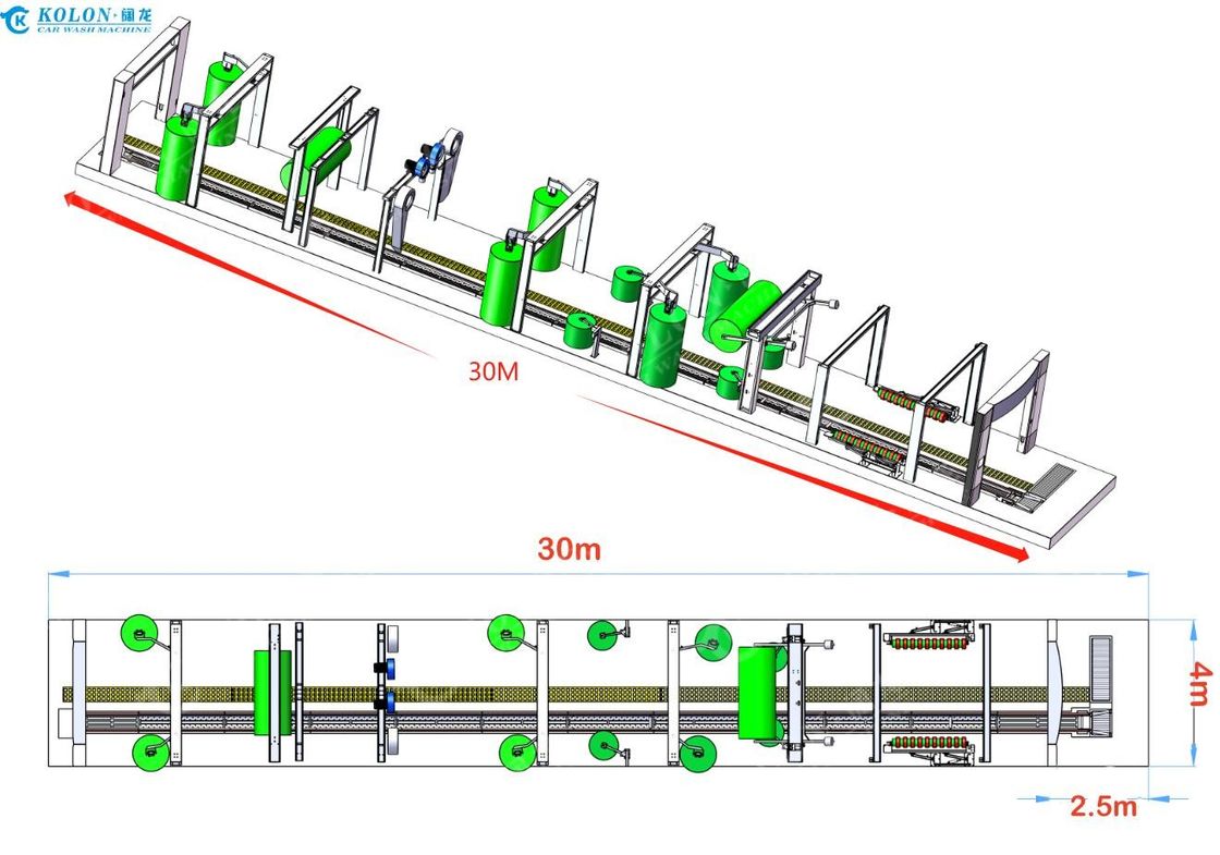 Máquina automática de lavado de autos en túnel de 14 cepillos Sistema transportador de 30 m | Colón KL-14VF